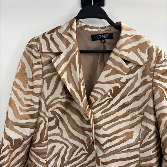 Kasper Zebra Print dressy Coat Jacket Women’s Brown Beige 3/4 Sleeve size 14 - Picture 3 of 14